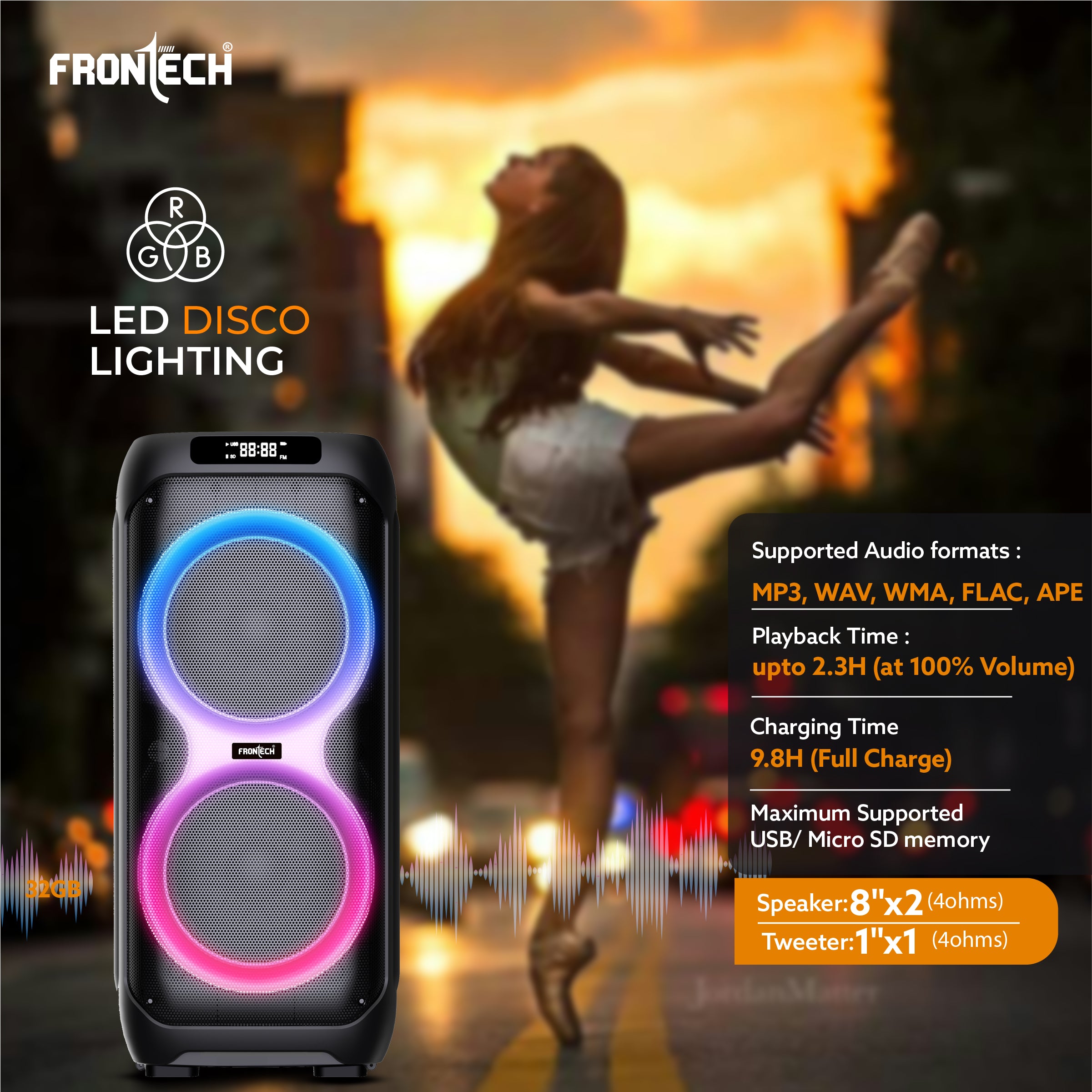 FRONTECH SMASH PRO-22P 100W Portable Party Speaker | True Wireless| Karaoke Function with Wireless Mic | RGB LED Disco Lighting | Bluetooth 5.0 | FM Radio| USB, TF, AUX| Type-C Charging Port | 1 Year Limited Warranty (SW-0022P) FRONTECH SMASH PRO-22P 100W Portable Party Speaker | True Wireless| Karaoke Function with Wireless Mic | RGB LED Disco Lighting | Bluetooth 5.0 | FM Radio| USB, TF, AUX| Type-C Charging Port | 1 Year Limited Warranty (SW-0022P)